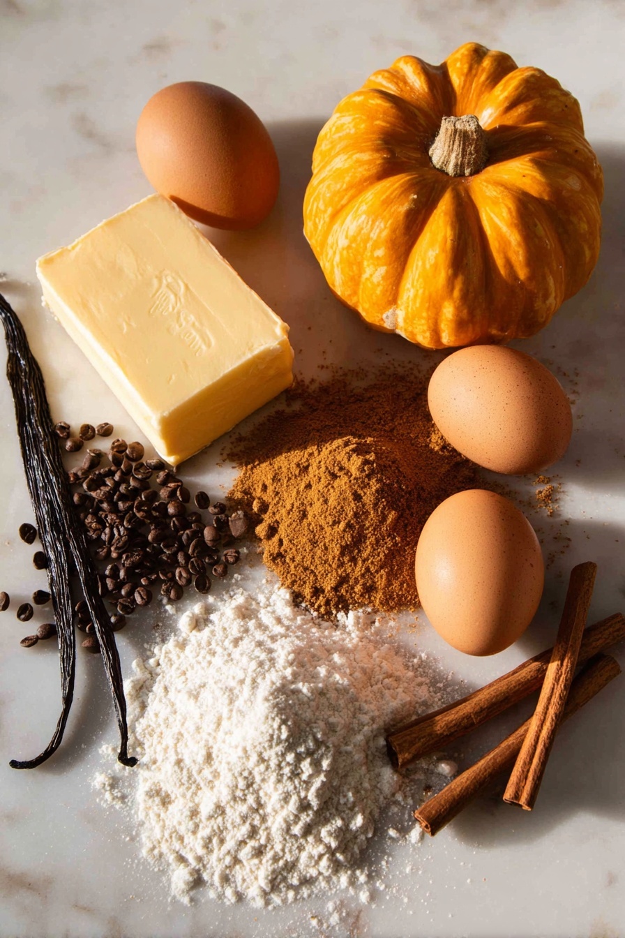 Flat lay of a soft golden block of unsalted butter, a small mound of rich dark brown sugar with sparkling deep amber crystals, a vibrant orange pumpkin with smooth skin beside a scattering of warm brown pumpkin spice powder and ground cinnamon dust, two fresh brown-speckled eggs with shiny shells, a vanilla bean pod with glossy black seeds spilling out, a delicate heap of fine white all-purpose flour, and a few cinnamon sticks with textured bark, all beautifully arranged with natural light and soft shadows, placed on white marbled surface, photo taken with an iphone --ar 2:3 --v 7 - Pumpkin Spice Cookies, fall cookies, pumpkin spice treats, chewy pumpkin cookies, easy pumpkin cookies