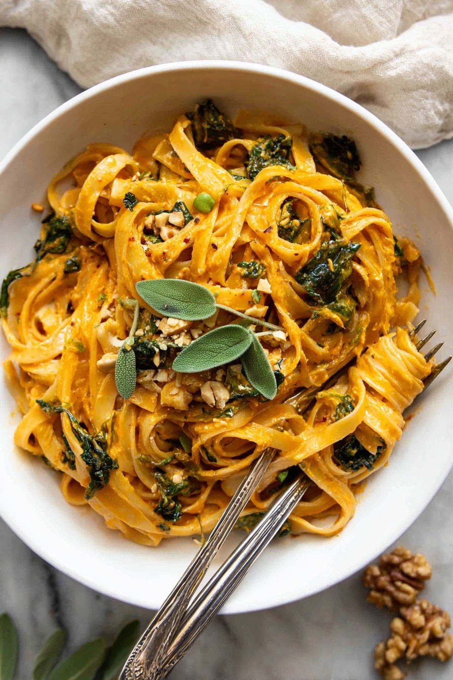 A close-up of a white bowl filled with thick fettuccine pasta coated in a creamy orange sauce, layered with wilted dark green spinach leaves scattered throughout. The pasta is topped with light brown chopped nuts and dark green pumpkin seeds, along with fresh sage leaves placed on top as garnish. A fine sprinkle of grated white cheese is spread evenly over the dish. The bowl sits on a white marbled surface. photo taken with an iphone --ar 2:3 --v 7 - Pumpkin Pasta, creamy pumpkin pasta, fall pasta recipes, cozy pumpkin pasta dish, easy pumpkin pasta