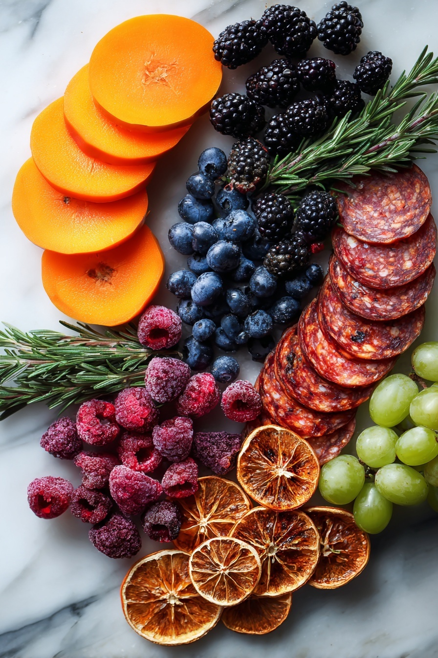 Flat lay of sliced bright orange persimmon wedges with smooth skin, plump deep blue blueberries, glossy dark blackberries, vibrant red raspberries, jewel-like ruby pomegranate quarters glistening with seeds, small clusters of green Thomcord grapes with a matte finish, folded thin slices of rich red and marbled salami, sprigs of fresh green rosemary with needle-like leaves, and cinnamon-hued dried orange slices showing textured rind, all naturally arranged with space between each, placed on white marbled surface, photo taken with an iphone --ar 2:3 --v 7 - Fall Cheese Board, fall cheese board ideas, autumn cheese platter, fall appetizer, seasonal cheese board