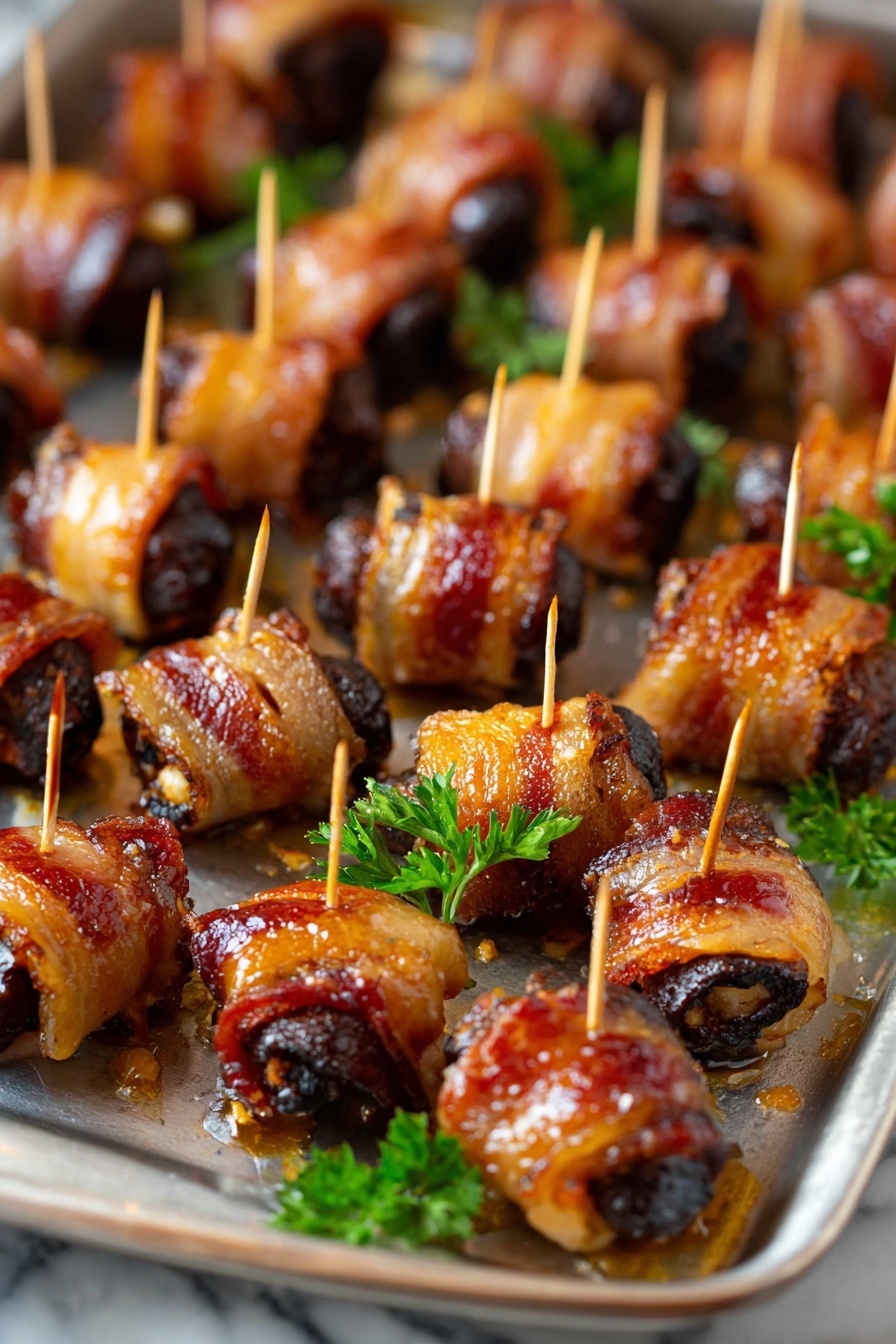 The image shows many small pieces of food neatly arranged on a metal tray with a few green parsley leaves scattered around. Each piece has a dark brown or almost black center, which is wrapped tightly in a shiny, golden-brown layer of cooked bacon held together with a small wooden toothpick. The bacon appears crispy and slightly glistening with moisture. The pieces are closely packed in rows, filling the tray, and the background features a white marbled surface. The overall look is warm and inviting. photo taken with an iphone --ar 2:3 --v 7 - Bacon-Wrapped Dates with Goat Cheese and Maple Syrup, bacon-wrapped dates appetizer, easy bacon and date appetizer, savory sweet appetizer, gourmet party snacks
