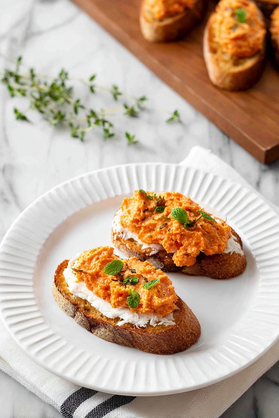 The image shows two pieces of toasted bread with three layers on top, placed on a white plate with ridged edges. The bottom layer is golden brown toasted bread with a crispy texture, the middle layer is a soft white cheese spread evenly, and the top layer is an orange spread that looks like mashed vegetables garnished with small green mint leaves. In the background, there is a wooden board with more of the same bread pieces arranged on it, all on a white marbled surface, with a small sprig of green herbs near the plate. A white cloth with a black stripe is partly visible under the plate. Photo taken with an iphone --ar 2:3 --v 7 - Butternut Squash Crostini with Honeyed Shallots and Fresh Mint, roasted butternut squash appetizer, holiday crostini recipes, easy gourmet appetizer, fall party snacks