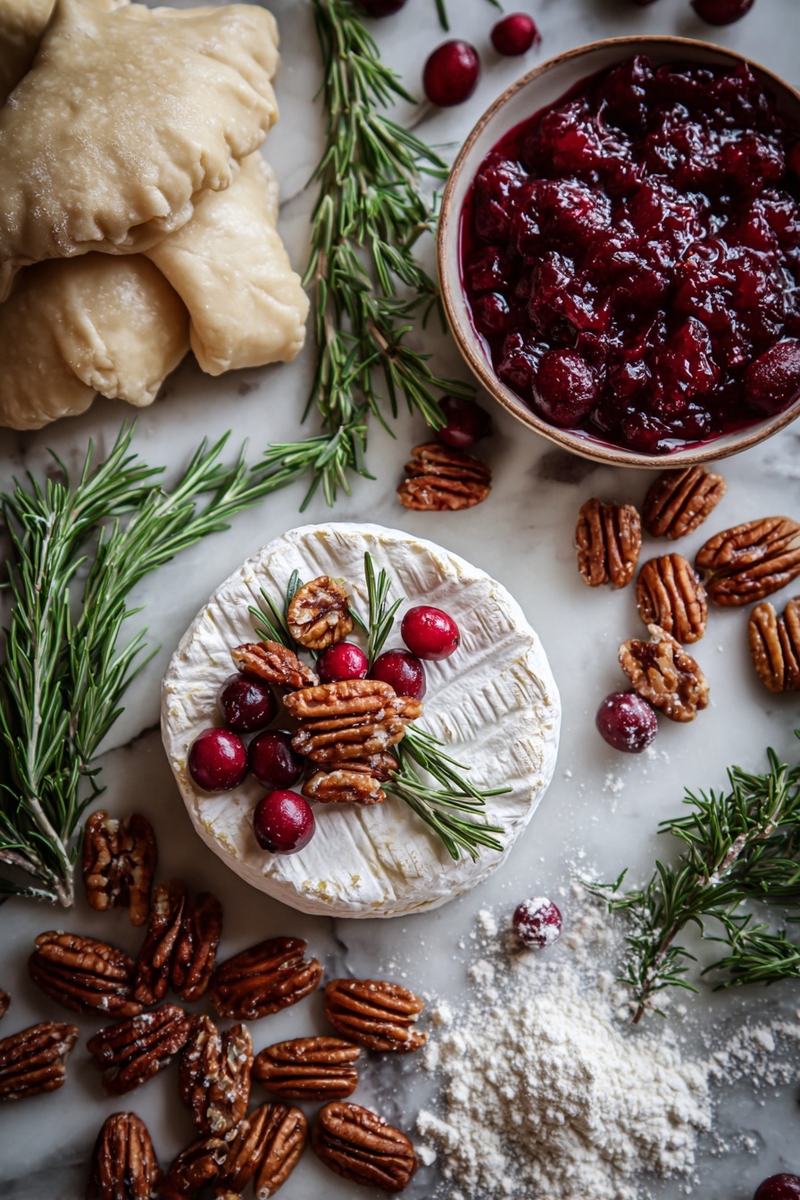 Flat lay of a creamy wheel of brie cheese with a smooth white rind, glossy deep red whole cranberries clustered in fresh cranberry sauce, rich brown roasted pecans with textured ridges, bright green fresh rosemary sprigs with needle-like leaves, soft beige crescent dough rolled out with a slightly flaky surface, and a dusting of fine white flour scattered gently around, all beautifully arranged in a natural, inviting way, placed on white marbled surface, photo taken with an iphone --ar 2:3 --v 7 - Cranberry Brie Bites, holiday appetizer recipes, easy party snacks, cranberry and brie appetizers, festive appetizer ideas