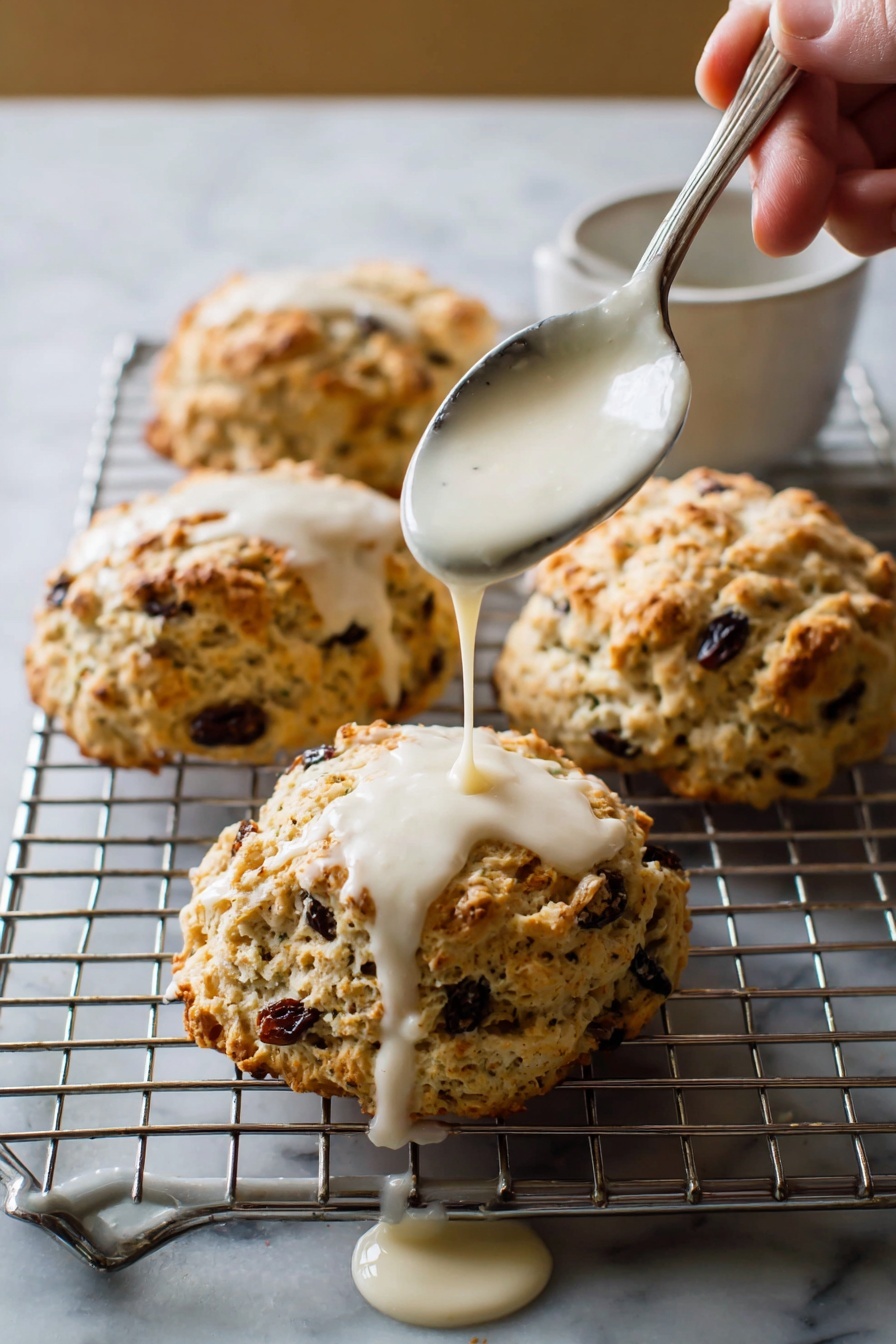 A baking tray with a white marbled surface holds a metal cooling rack with four golden-brown scones full of dark raisins. A woman's hand is holding a white spoon dripping thick, creamy white icing over the middle scone, with some icing falling onto the metal rack and the white marbled surface below. The scones have a rough texture with visible raisins, showing a contrast between the dry crumbly top and the shiny, smooth glaze dripping down. Photo taken with an iphone --ar 2:3 --v 7 - Glazed Oatmeal Maple Scones with Pecans & Currants, oatmeal scones with pecans and currants, maple glazed breakfast scones, homemade pecan and currant scones, easy breakfast scone recipes