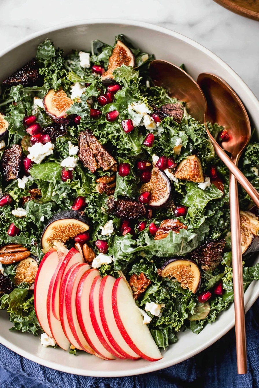 A large white bowl holds a fresh salad with three main layers: the base is bright green kale leaves with curly edges, on top are scattered dark brown pecans, small pieces of brown dried figs, and bright red pomegranate seeds. There are small white crumbles of cheese sprinkled evenly around the salad. On one side of the bowl, thin slices of red apple with light cream flesh are arranged in a fan shape. Two bronze salad forks rest inside the bowl on the right side. The bowl sits on a white marbled surface with small bowls of fig pieces, white cheese, and pomegranate seeds around it. Photo taken with an iphone --ar 2:3 --v 7 - Fall Harvest Kale Salad with Fresh Fruit and Nuts, autumn kale salad recipe, healthy fall salad, seasonal kale salad with fruit and nuts, easy autumn salad