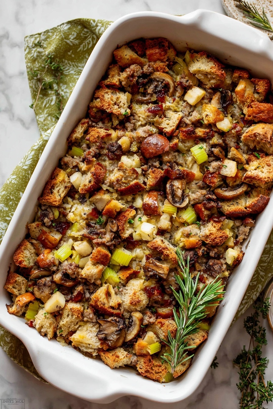 This image shows a close-up of a warm dish in a white ceramic baking dish filled with stuffing. The stuffing has several layers made of golden-brown toasted bread cubes, light beige sausage chunks, light yellow diced apples, dark brown mushrooms, and small green celery pieces. There are also some bright red dried cranberries spread on top adding color. The texture looks slightly crumbly with a mix of soft and crunchy bits. A silver spoon with a decorative handle scoops some stuffing from the dish. The background surface is white marble. photo taken with an iphone --ar 2:3 --v 7 - Sausage & Herb Stuffing, savory holiday stuffing, herb and sausage stuffing, flavorful bread stuffing, easy stuffing recipe