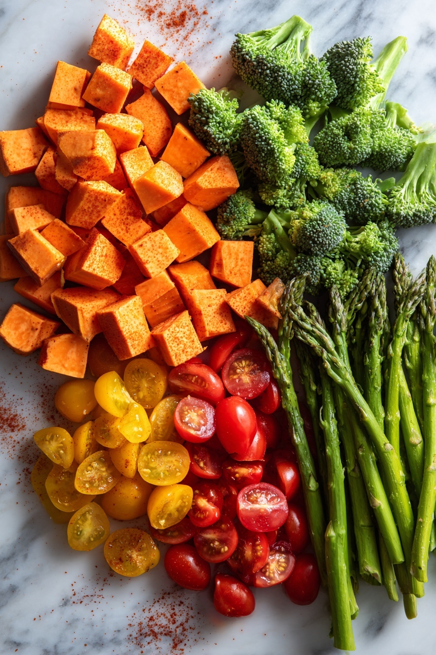 Flat lay of vibrant orange sweet potato cubes, bright green broccoli florets, fresh green asparagus spears cut into pieces, and colorful halved cherry tomatoes in red, yellow, and orange hues, all scattered gracefully with a few sprinkles of smoked paprika and granulated garlic powder visible on the vegetables, placed on a white marble surface, photo taken with an iphone --ar 2:3 --v 7 - Sheet Pan Roasted Vegetables with Sweet Potatoes Broccoli Asparagus Cherry Tomatoes,healthy sheet pan vegetable recipe,easy roasted vegetable dish,vegetable roasting ideas,simple veggie dinner