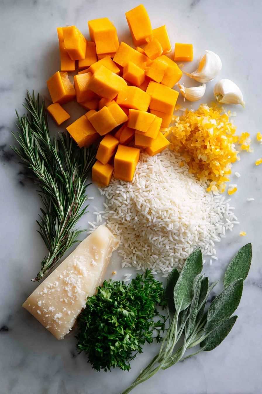 Flat lay of vibrant cubed butternut squash, finely chopped yellow onion, fresh garlic cloves, delicate sprigs of rosemary, uncooked Arborio rice grains, a small bunch of bright green parsley leaves, and a pile of grated pale pecorino cheese, arranged beautifully with a few glossy sage leaves scattered around, placed on a white marble surface, photo taken with an iphone --ar 2:3 --v 7 - Butternut Squash Risotto, creamy butternut squash risotto, easy butternut squash risotto, vegetarian risotto recipe, seasonal squash risotto