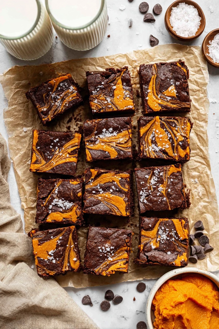 A collection of 18 square brownies sliced evenly and laid out in a grid on crumpled parchment paper over a white marbled surface. Each brownie has two visible layers: a thick dark brown chocolate base with a slightly crinkled texture and swirled orange pumpkin layers on top, creating a marbled effect. Specks of flaky white salt are sprinkled across the tops of the brownies, adding texture and contrast. Around the brownies are scattered dark chocolate chips for decoration. Near the bottom right is a small white bowl filled with bright orange pumpkin puree. Two tall glasses of milk with ridged texture stand on the top left and right sides, and a small white bowl containing coarse salt sits at the upper right corner. A beige linen napkin is partially folded on the left edge. Photo taken with an iphone --ar 2:3 --v 7 - Pumpkin Brownies with Cream Cheese and Chocolate Chips, pumpkin brownies, fall dessert recipes, easy pumpkin treat, chocolate chip brownies