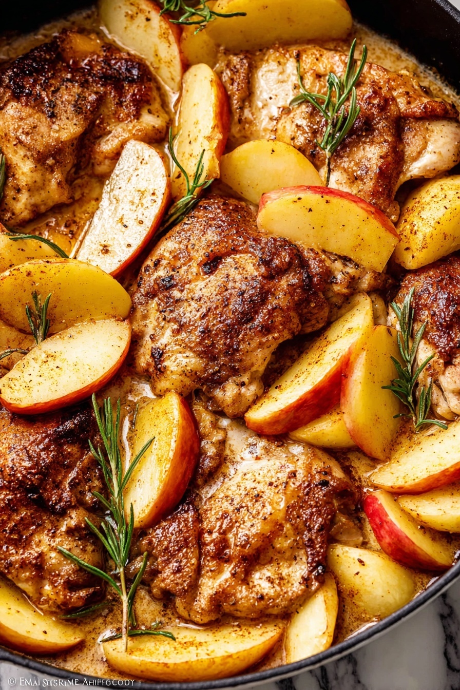 A white ridged plate holds three main layers: at the bottom, a layer of golden-brown cooked apple slices scattered with a shiny sauce; on the left and bottom right sides, two pieces of grilled chicken with a slightly dark, crispy texture, topped with small translucent cooked onions and garnished with sprigs of fresh green rosemary; on the top right side, a pile of bright green cooked green beans with a smooth, glossy surface. A fork with a wooden handle rests on the left side of the plate, holding a piece of the chicken. The dish is laid on a white marbled surface with a floral cloth in the top right corner. Photo taken with an iphone --ar 2:3 --v 7 - Skillet Apple Cider Chicken, apple cider chicken recipe, easy fall chicken dinner, weeknight chicken recipes, cozy chicken skillet dish