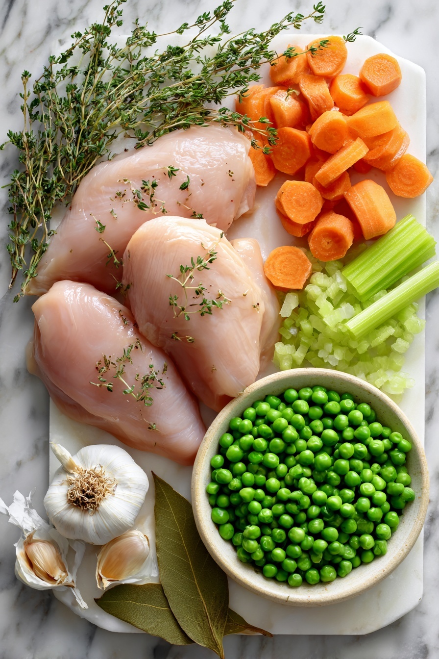 Flat lay of boneless skinless chicken breasts, chopped onion, bright orange peeled and chopped carrots, fresh celery stalks, vibrant green peas, sprigs of fresh thyme, whole garlic cloves, dried oregano sprinkled artistically, and a single bay leaf, all beautifully arranged on a clean white marble surface, photo taken with an iphone --ar 2:3 --v 7 - Chicken & Dumplings Variations, chicken and dumplings recipe, comforting chicken soup with dumplings, easy chicken and dumplings, cozy comfort food recipes