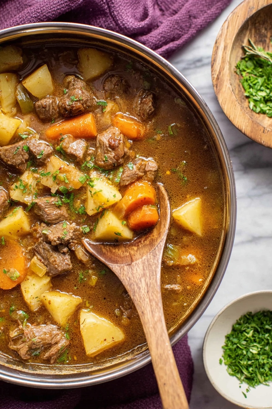 A close-up view of a large pot filled with beef stew, showing three main layers: the top layer is made of light brown chunks of beef, orange baby carrots, and pale yellow potato pieces scattered evenly; the middle layer is a rich brown broth with visible herbs; the bottom layer is thick and slightly glossy with a smooth texture. A wooden spoon lifts a mix of beef, potatoes, carrots, and green herbs from the pot. To the right of the pot, a small white bowl holds chopped green herbs, and the background surface is white marbled with a purple cloth partially visible. Photo taken with an iphone --ar 2:3 --v 7 - Beef Stew, Easy Beef Stew, Comfort Food Recipes, Hearty Beef Stew, Classic Dinner Ideas