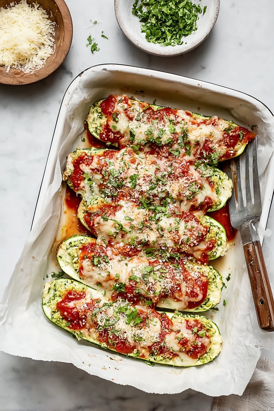 The dish shows a white baking pan lined with parchment paper holding five zucchini halves arranged side by side. Each zucchini half is filled with a green mixture at the bottom layer, topped with bright red tomato sauce scattered unevenly. The top layer is a thick, melted layer of white cheese covering the zucchini and sauce. Small bits of chopped green herbs and grated white cheese are sprinkled over the melted cheese, adding specks of color. The pan is placed on a white marbled surface, with a small white plate of chopped fresh herbs partially visible at the top left corner. Photo taken with an iphone --ar 2:3 --v 7 - Lasagna Stuffed Zucchini Boats, healthy zucchini boat recipes, low-carb lasagna alternative, cheesy zucchini boats, easy weeknight dinner ideas