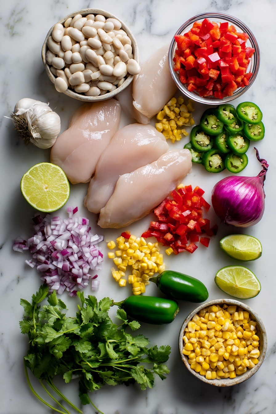 Flat lay of fresh boneless skinless chicken breasts, plump white beans drained and rinsed, bright red diced bell pepper, vibrant green jalapeño slices, whole garlic cloves, a halved fresh lime with juice visible, golden sweet corn kernels, a small chopped yellow onion, and fresh cilantro sprigs, all beautifully arranged with natural light highlighting their colors and textures, placed on a white marble surface, photo taken with an iphone --ar 2:3 --v 7 - White Bean Chicken Chili, white bean chicken chili recipe, easy white bean chili, healthy chicken chili, comforting winter chili