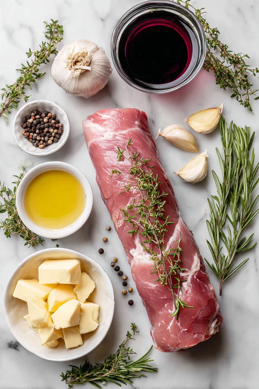 Flat lay of a raw pork tenderloin surrounded by fresh rosemary sprigs, thyme stems, whole black peppercorns, peeled garlic cloves, a finely chopped shallot, a small pool of deep red port wine, and chunks of cold butter, all beautifully arranged on a white marble surface, photo taken with an iphone --ar 2:3 --v 7 - Herb Crusted Pork Roast with Port Wine Sauce, pork roast with herb crust, port wine pork tenderloin, flavorful pork roast recipe, elegant pork dinner ideas