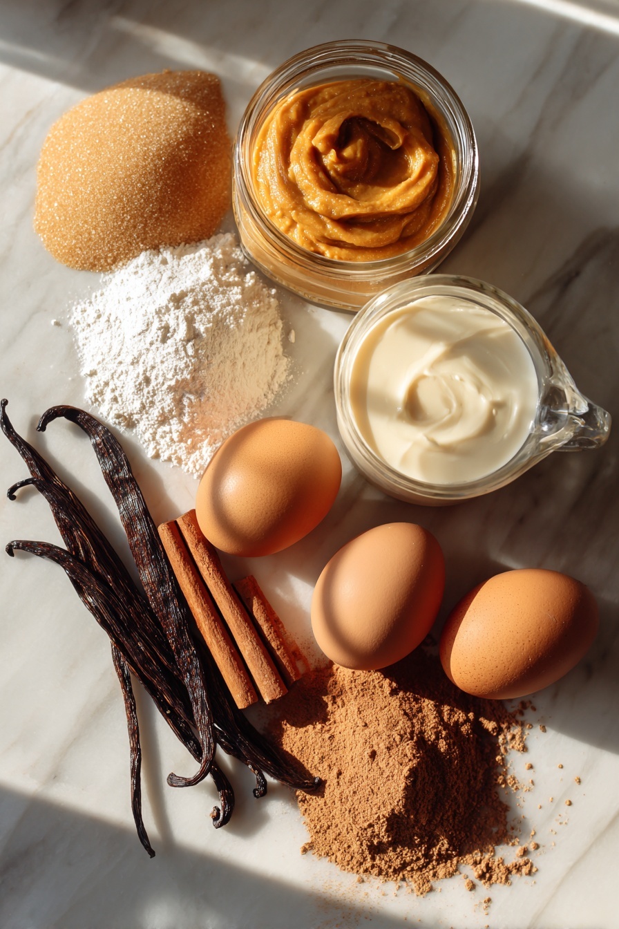 Flat lay of smooth pumpkin puree in a small glass jar, golden light brown sugar piles with a soft texture, a couple of whole cinnamon sticks, whole eggs with shiny brown shells, creamy heavy cream in a small clear jug, plump vanilla beans with a deep brown color, a heap of fine granulated sugar, and a small mound of cornstarch powder, all beautifully arranged with warm natural light highlighting their rich colors and textures, placed on a white marble surface, photo taken with an iphone --ar 2:3 --v 7 - Pumpkin Pie Bars with Shortbread Crust and Whipped Cream, pumpkin dessert bars, fall pumpkin treat, easy pumpkin pie bars, festive pumpkin dessert