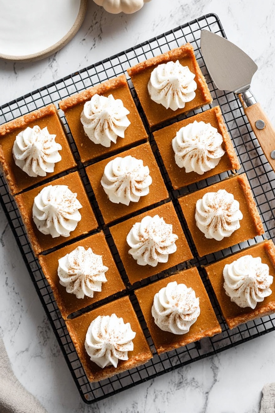 The image shows square pumpkin dessert bars arranged neatly on a white marbled surface, each bar having two layers with a smooth orange-brown pumpkin layer on top and a lighter tan cake layer beneath. On the top center of each square is a swirl of white whipped cream, accented with a light sprinkle of cinnamon powder. The bars are evenly spaced and the texture of the pumpkin layer appears soft and creamy, while the bottom layer looks fluffy. photo taken with an iphone --ar 2:3 --v 7 - Pumpkin Pie Bars with Shortbread Crust and Whipped Cream, pumpkin dessert bars, fall pumpkin treat, easy pumpkin pie bars, festive pumpkin dessert