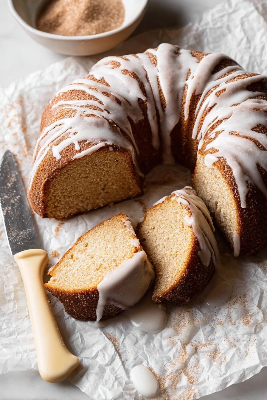 The image shows a round, golden-brown bundt cake with six thick ridged sections, covered with white icing that drips unevenly down the sides and edges. The cake is lightly dusted with powdered sugar, adding texture to the crust. It sits on white parchment paper over a white marbled surface. Next to the cake on the right is a white bowl filled with powdered sugar, and a knife with a white handle lies beside the bowl. Above the cake on the left is a small white pitcher, standing on the same white marbled surface. photo taken with an iphone --ar 2:3 --v 7 - Apple Cider Bundt Cake with Cinnamon Sugar and Glaze, fall apple cake recipes, cozy autumn desserts, moist apple cake with glaze, cinnamon spice cake