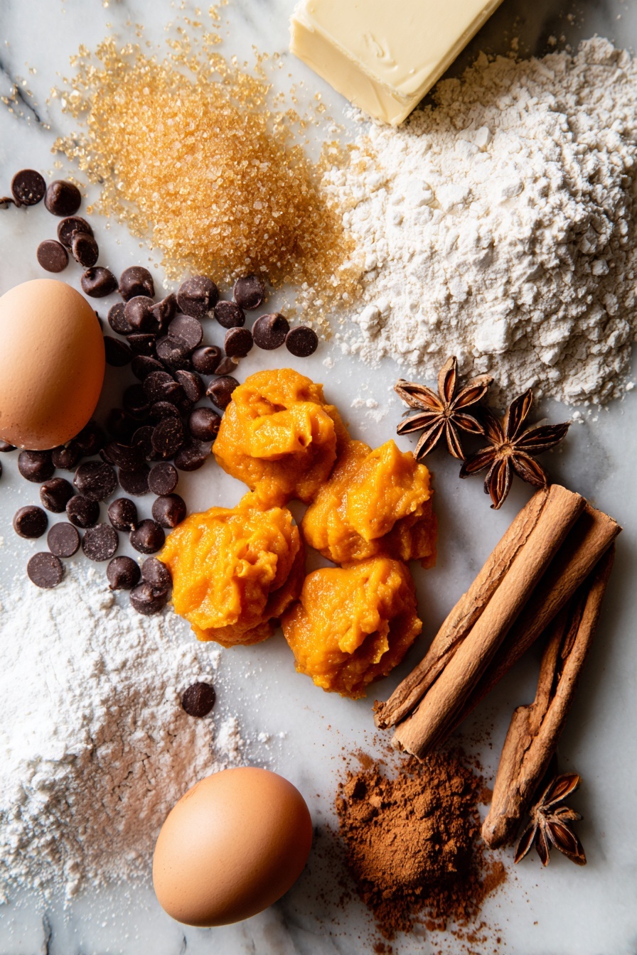 Flat lay of bright orange pumpkin puree dollops, glossy semi-sweet chocolate chips scattered around, a smooth stick of unsalted butter, warm brown sugar in a small mound, golden granulated sugar crystals catching the light, a cracked egg yolk resting in its shell half, a neat pile of pale all-purpose flour, and a selection of warm spices including cinnamon sticks, star anise, and ground ginger dusts arranged artistically, all placed on a white marble surface, photo taken with an iphone --ar 2:3 --v 7 - Pumpkin Chocolate Chip Bars, fall dessert bars, easy pumpkin dessert, chocolate chip pumpkin bars, cozy fall treats