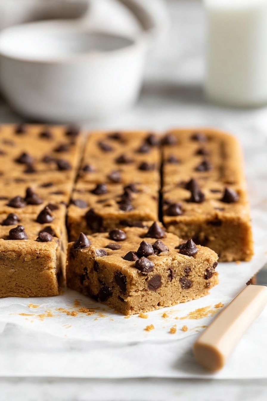 The image shows a close-up of a square pan of thick, golden-brown cookie bars with a soft texture, each piece cut into even squares. The top layer is dotted with dark chocolate chips that are scattered evenly, some appearing shiny and slightly melted. The inside of the bars reveals chocolate chips embedded throughout the dough, adding a speckled dark contrast against the warm brown base. The bars rest on white parchment paper with some crumbs around the edges. In the background, there is a white bowl with a blurred white marbled surface under it, and a beige-handled knife is partially visible on the right edge. Photo taken with an iphone --ar 2:3 --v 7 - Pumpkin Chocolate Chip Bars, fall dessert bars, easy pumpkin dessert, chocolate chip pumpkin bars, cozy fall treats