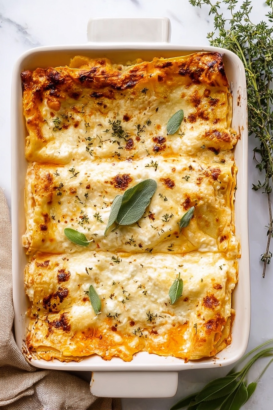 A square piece of lasagna sits on a white plate with a thin blue rim, placed on a white marbled surface. The lasagna has about four visible layers: the top layer is a light golden cheese with small bits of herbs scattered on it and a fresh green leaf on top; beneath it are layers of creamy white sauce and pasta sheets, with chunks of soft orange squash or pumpkin visible in the middle layers. The edges of the lasagna are slightly browned, and the texture looks rich and smooth. Part of a white baking dish with more lasagna is seen blurred in the background. photo taken with an iphone --ar 2:3 --v 7 - Butternut Squash Lasagna with Sage, vegetarian butternut squash lasagna, cozy fall lasagna recipes, homemade butternut squash casserole, healthy baked lasagna with sage