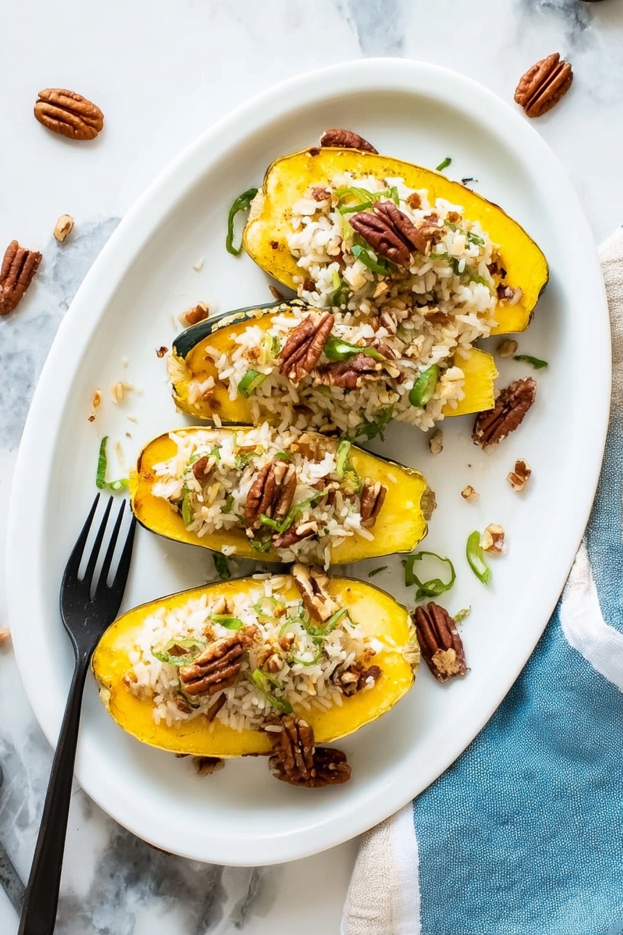The image shows three slices of bright yellow acorn squash arranged in a row on a white plate. Each squash slice is filled with a cooked rice mix that is light brown in color with bits of green vegetables and scattered dark brown pecans on top and around the plate. The plate sits on a white marbled surface, accompanied by a blue and white cloth napkin and green leaves nearby. photo taken with an iphone --ar 2:3 --v 7 - Stuffed Acorn Squash with Sage Rice and Pecans, roasted acorn squash, fall healthy dinner, festive acorn squash recipe, vegetarian holiday main dish