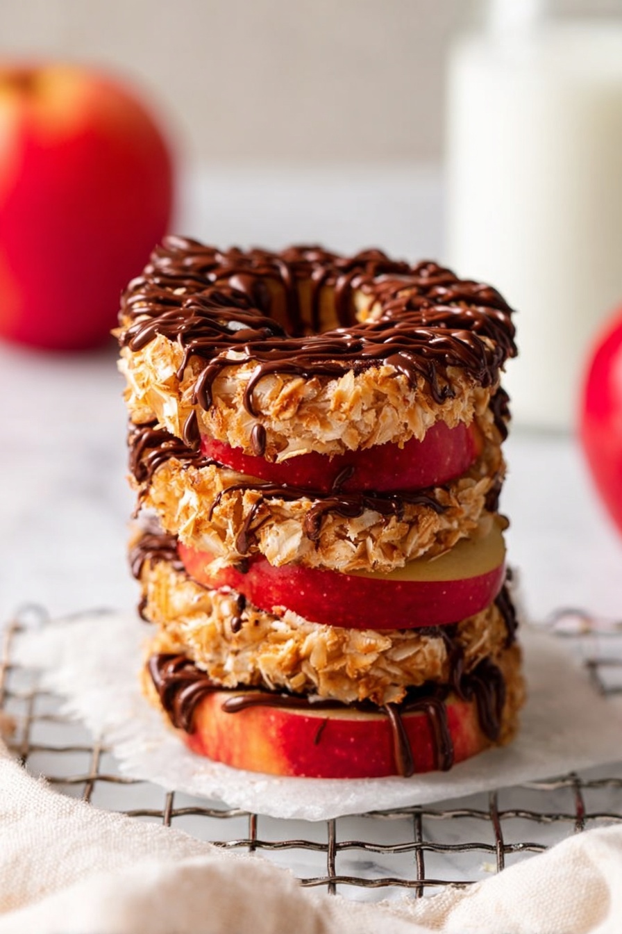 A stack of four round apple slices lies on a white marbled surface, each slice topped with a golden shredded coconut layer that adds a rough texture. The coconut layers look sticky and are drizzled with smooth, dark chocolate sauce in thin lines, mainly over the top apple slice. The apple slices show red skin with hints of yellow and have a slightly shiny appearance. The stack is on a silver cooling rack. In the background to the left, there is a red apple, and to the right is a blurred glass bottle with white liquid. A soft white cloth is partially visible under the rack on the left side. photo taken with an iphone --ar 2:3 --v 7 - Apple Samoas, healthy apple snacks, quick apple treats, no-bake apple desserts, easy fruit snack
