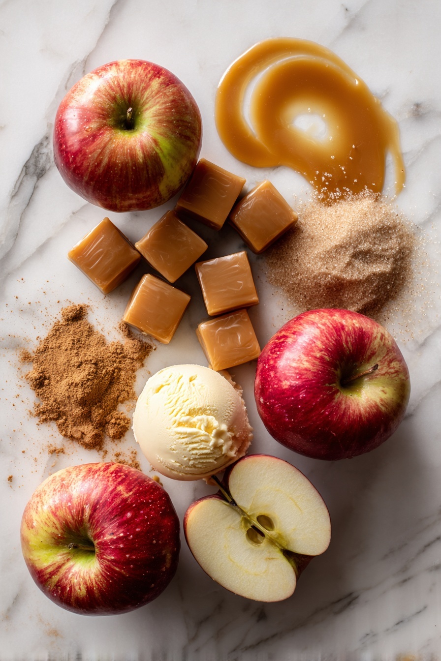 Flat lay of four firm, crisp Honeycrisp apples, eight chewy caramel squares slightly unwrapped, a small pile of packed brown sugar, granulated sugar scattered gently, a sprinkle of ground cinnamon forming a soft mound, melted golden butter pooling artfully, a scoop of creamy vanilla ice cream with a smooth texture, and a small drizzle of rich caramel sauce creating a glossy swirl—all beautifully arranged on a white marble surface, photo taken with an iphone --ar 2:3 --v 7 - Caramel-Stuffed Bloomin’ Apples, caramel stuffed apples, blooming apple dessert, caramel-filled fruit, easy caramel apple recipe