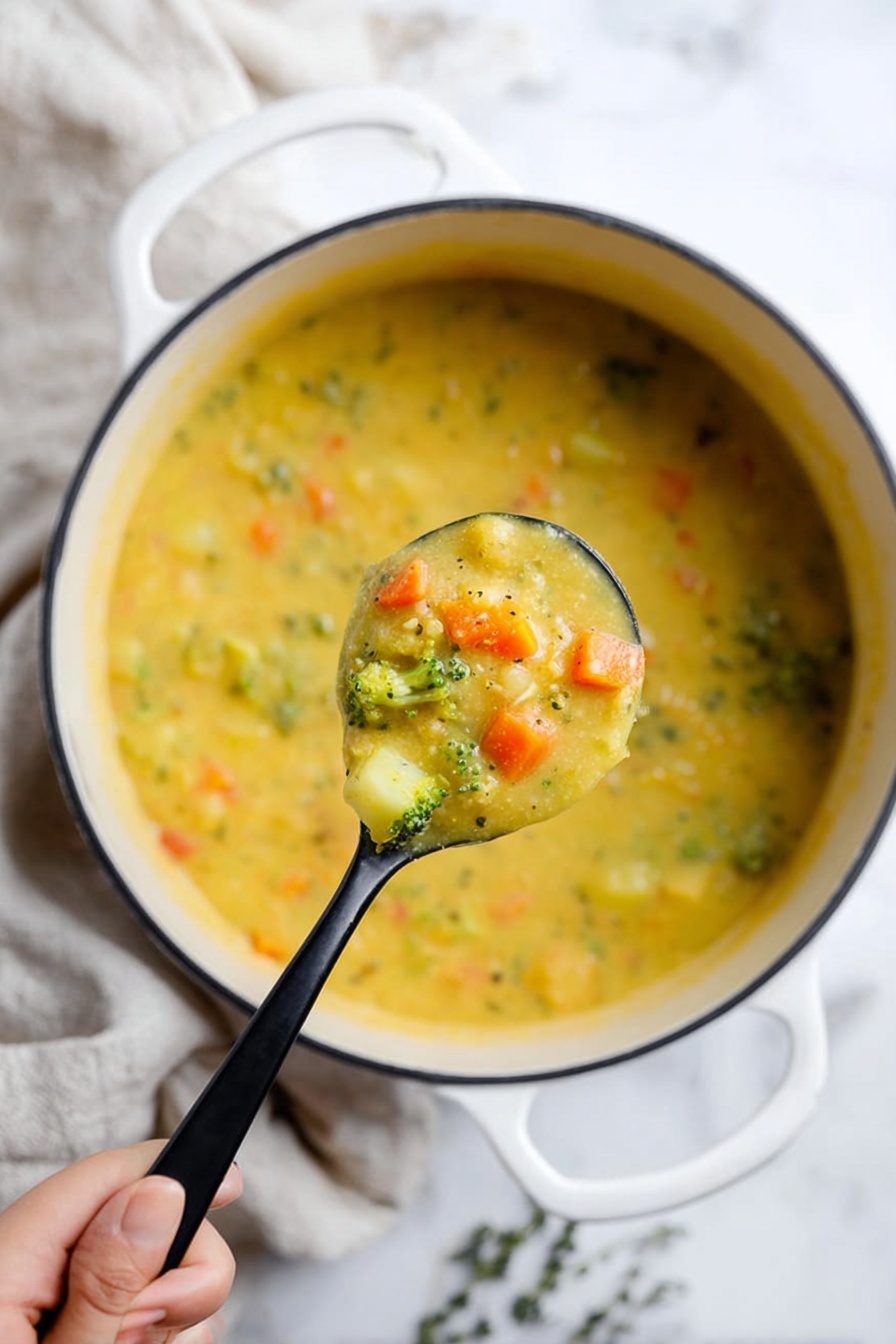 A close-up shot of a large white pot with two handles filled with thick yellow soup mixed with visible small chunks of orange carrots, green broccoli pieces, and white potato cubes. A black spoon is held by a woman's hand, lifting a spoonful of the soup in front of the pot, showing the creamy texture and colorful vegetable bits. The background surface is a white marbled texture with a light-colored cloth on the left side. photo taken with an iphone --ar 2:3 --v 7 - Broccoli Potato Cheese Soup, Broccoli Potato Cheese Soup Recipe, cheesy broccoli potato soup, creamy vegetable soup, easy broccoli potato soup
