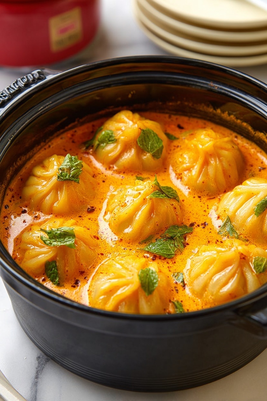 The image shows a close-up of a white spoon lifting one round, orange dumpling from a black pot filled with several similar dumplings in bright orange sauce. Each dumpling has a pleated top and a shiny texture, with visible oil glistening on their surface. Small green leaves are scattered on and around the dumplings, adding contrast. The black pot rests on a black stand, and the background features a white marbled texture. The photo taken with an iphone --ar 2:3 --v 7 - Soup Dumplings in Creamy Gochujang Sauce, spicy dumpling recipe, Korean-inspired dumplings, quick comfort food, easy Asian dumpling dish