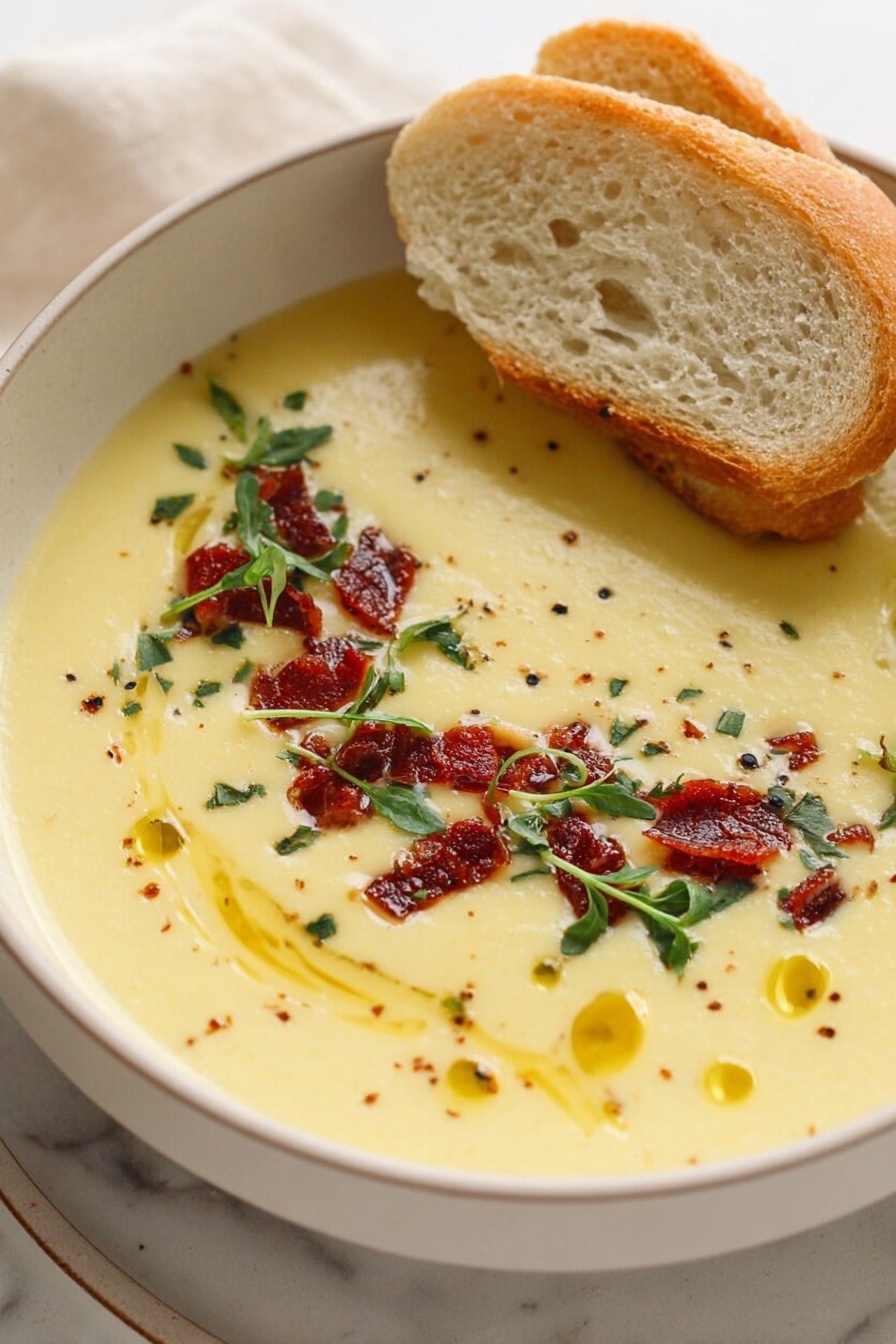 A bowl filled with creamy light beige soup, smooth in texture, with small black pepper specks throughout. On the surface, there are small pieces of crispy reddish-brown bacon scattered mainly on one side, bright green chopped herbs sprinkled mostly around the bacon, and light green dill sprigs. Several drops and a swirl of golden oil float on the top, adding shine and color contrast. The soup is served in a round white bowl with a thin speckled brown rim, placed on a white marbled surface, and a soft white cloth with garlic bulbs is in the background. photo taken with an iphone --ar 2:3 --v 7 - Easy Roasted Garlic Soup, roasted garlic soup, comforting garlic soup, simple garlic soup recipe, hearty vegetable garlic soup
