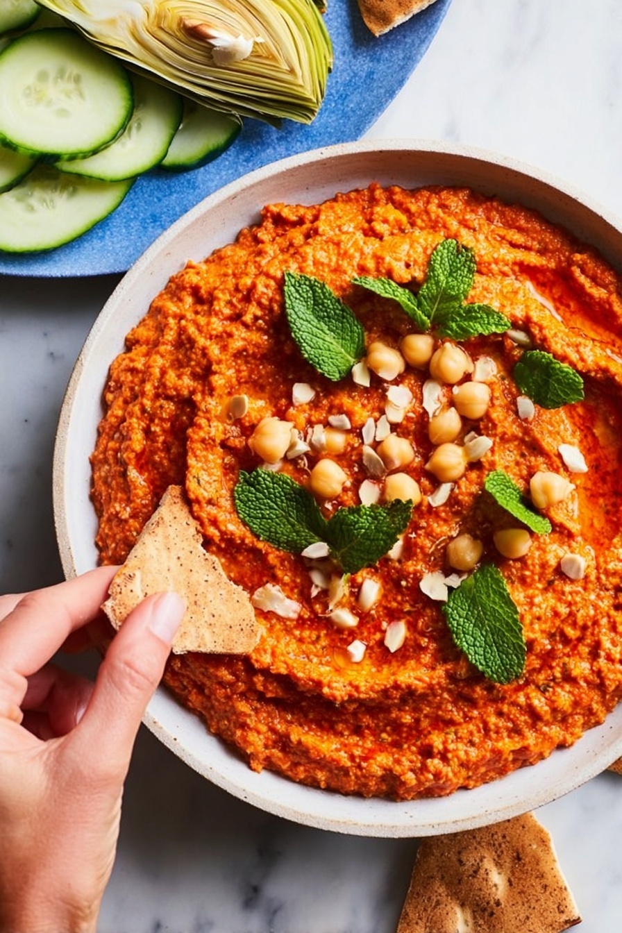 A white bowl filled with a thick, textured red dip that has small chunks and a slightly uneven surface, topped with whole chickpeas and fresh green mint leaves scattered across the top. A woman's hand is holding a piece of pita bread dipped into the edge of the bowl, the bread has a light brown, rough texture. To the upper right, there is a basket with pieces of pita bread lined with a blue and white cloth. Below the bowl, there is a plate with sliced green cucumbers and light yellow artichoke hearts. The background has a white marbled texture. Photo taken with an iphone --ar 2:3 --v 7 - Muhammara roasted red pepper and walnut spread, Middle Eastern walnut spread with pomegranate molasses, flavorful roasted pepper and walnut dip, easy Muhammara recipe, versatile Middle Eastern spread