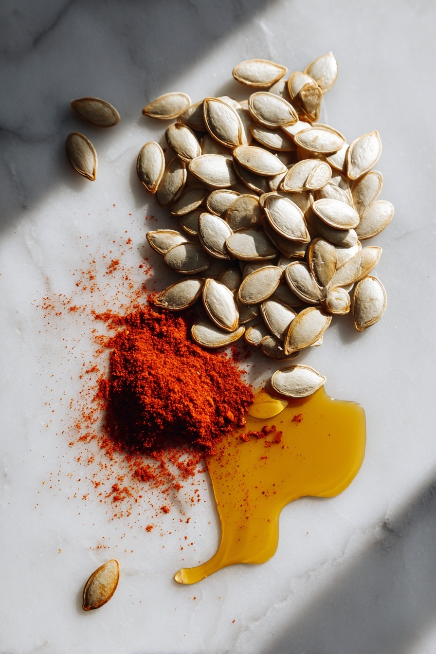 Flat lay of raw pumpkin seeds scattered beside a small pile of vibrant red chili powder and a small drizzle of golden extra-virgin olive oil artfully pooled next to them, all resting on a crisp white marble surface, photo taken with an iphone --ar 2:3 --v 7 - Roasted Pumpkin Seeds with Olive Oil, Sea Salt, and Chili Powder, flavorful roasted pumpkin seeds, spicy snack recipe, easy pumpkin seed snack, healthy roasted pumpkin seeds