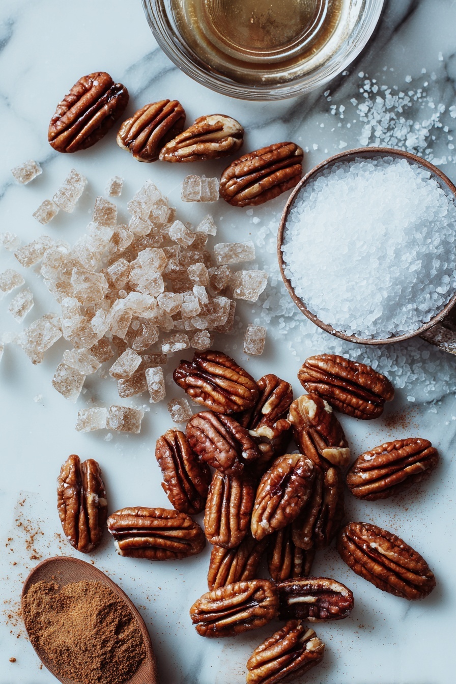 Flat lay of raw pecan halves, glossy brown sugar crystals, a small pool of clear water droplets, warm cinnamon powder, and coarse sea salt flakes, all beautifully arranged in neat clusters and gentle swirls, placed on a white marble surface, photo taken with an iphone --ar 2:3 --v 7 - Crispy Candied Pecans, candied pecans recipe, sweet crunchy pecans, homemade candied pecans, easy pecan snack
