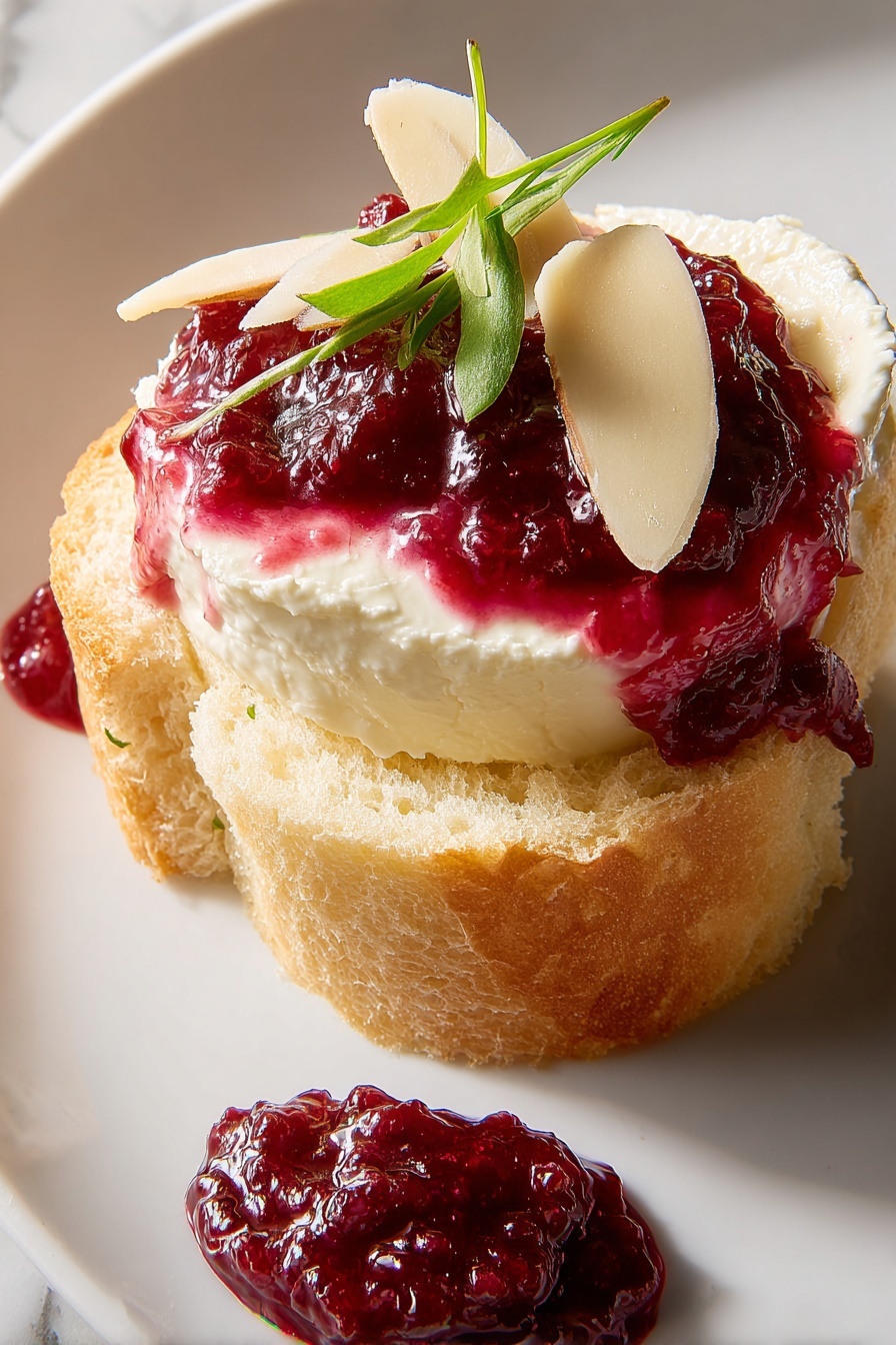 A single round toasted bread slice with a light golden brown color and airy texture forms the base. On top, there is a thick smooth layer of creamy white cheese, partly covered with a glossy deep red berry sauce that drips slightly over the edges. A thin almond slice and two small bright green leaves rest on top, adding fresh detail. A small dollop of the same red sauce appears nearby on the white plate, which sits on a white marbled surface. Photo taken with an iphone --ar 2:3 --v 7 - Cranberry Cream Cheese Spread with Almonds and Scallions, festive cranberry cheese spread, quick holiday appetizer, creamy cranberry dip, easy savory spread