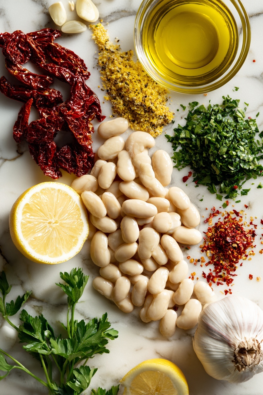 Flat lay of large pale beige gigante beans, bright green chopped fresh parsley, deep red sun-dried tomatoes glistening with olive oil, halved fresh lemons showing vibrant yellow juice, whole garlic cloves with papery skin, small pile of golden lemon zest, scattered red pepper flakes, and a drizzle of glossy extra-virgin olive oil, all beautifully arranged and spaced on a white marble surface, photo taken with an iphone --ar 2:3 --v 7 - Marinated Gigante Beans with Lemon, Sun-Dried Tomatoes, and Fresh Herbs, Healthy bean salad with lemon and sun-dried tomatoes, Nutritious gigante bean recipes, Bright lemon bean salad, Vegan friendly legume dishes