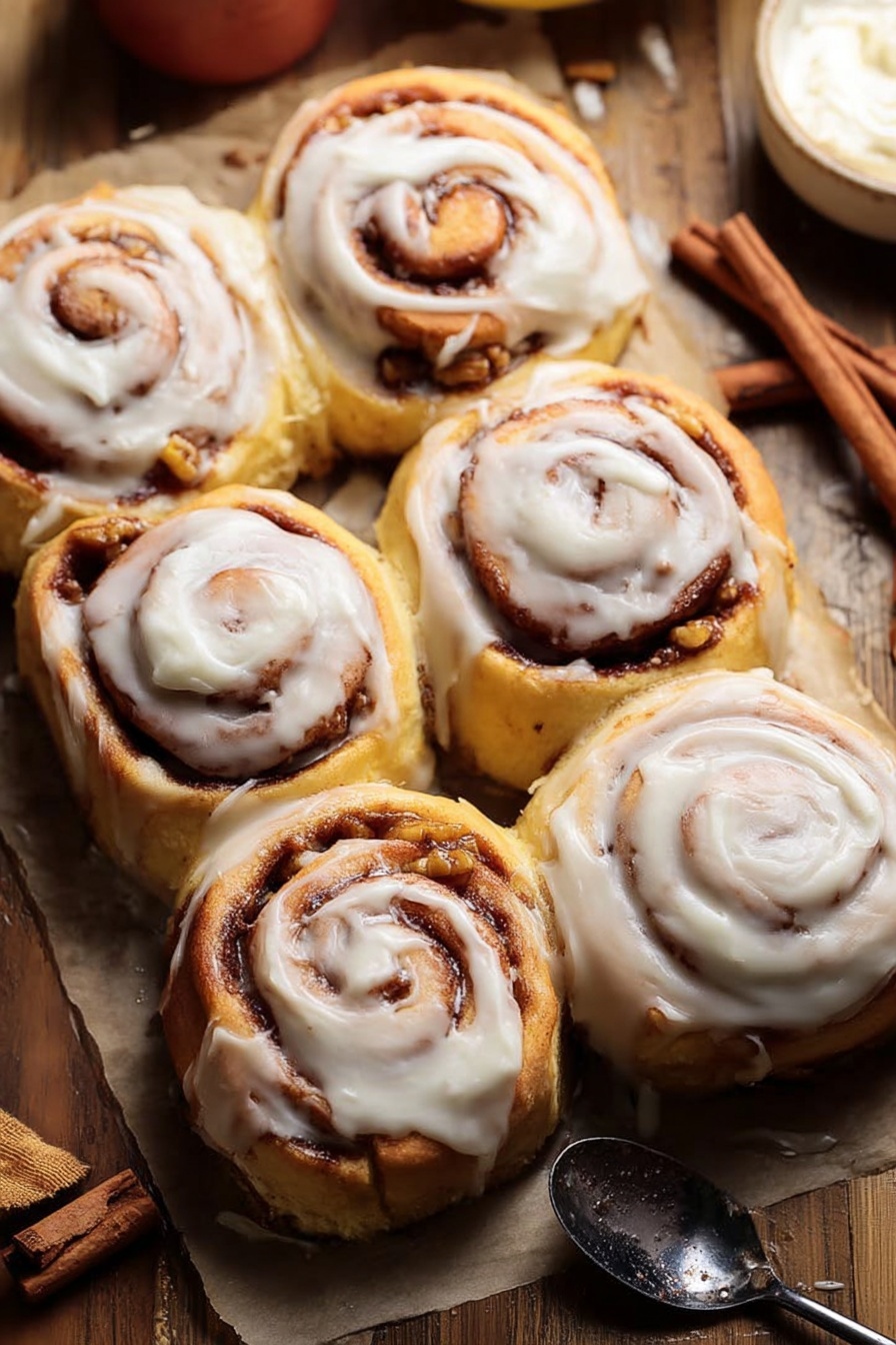 The image shows six cinnamon rolls arranged closely together on a rectangular sheet of parchment paper over a wooden surface. Each roll has a golden brown dough base with visible spiral layers filled with cinnamon and small bits of nuts, topped with a generous layer of smooth, white frosting that looks creamy but not thick. The rolls have a soft texture with variations in the spiral pattern and icing coverage. A spoon with a dark reflection lies on the right side on the wooden table, and there is a hint of a cinnamon stick and a small white container with white frosting in the background. The scene is warm, cozy, and inviting, with soft natural light highlighting the rolls' texture and glossiness. Photo taken with an iphone --ar 2:3 --v 7 - Apple Cinnamon Rolls with Brown Butter Maple Icing, cinnamon apple rolls, fall breakfast recipes, homemade apple cinnamon rolls, brown butter maple glaze