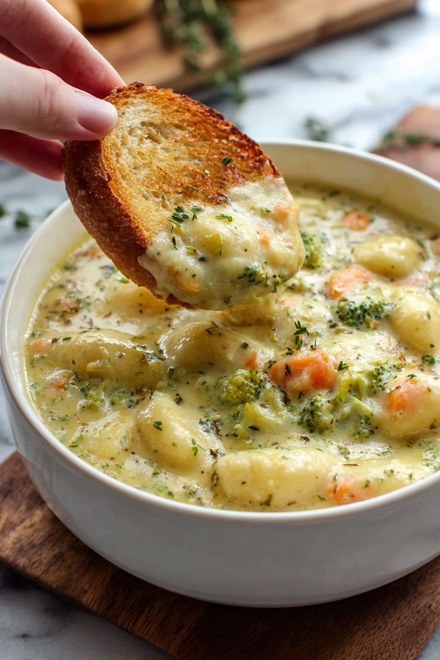 A white bowl filled with a creamy soup that has chunks of gnocchi and small pieces of broccoli and carrots mixed throughout. The soup is light yellowish-green with a thick and smooth texture, with visible bits of vegetables giving it a fresh and hearty look. A woman's hand holds a golden-brown toasted slice of bread dipped into the soup, covered with a creamy portion of the vegetable gnocchi mix. The background is a white marbled texture with a wooden cutting board and herbs slightly blurred behind. Photo taken with an iphone --ar 2:3 --v 7 - Broccoli Cheddar Gnocchi Soup, cheesy broccoli gnocchi soup, hearty vegetable gnocchi soup, creamy broccoli cheddar soup, easy gnocchi soup recipe