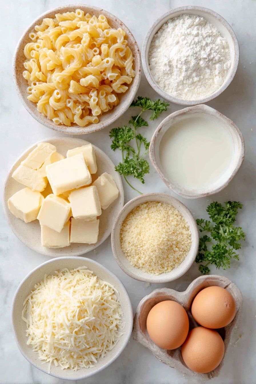 Flat lay of uncooked elbow macaroni pasta, a few cubes of unsalted butter, a small white ceramic bowl filled with fresh panko breadcrumbs, another small white ceramic bowl containing melted butter, a small white ceramic bowl with plain all-purpose flour, a small white ceramic bowl of warm milk, a small white ceramic bowl heaped with freshly shredded gruyere cheese, a small white ceramic bowl with shredded mozzarella cheese, two whole brown eggs with clean shells, and a few sprigs of fresh parsley, all arranged in perfect symmetry on a clean white marble surface, soft natural light, photo taken with an iPhone, professional food photography style, fresh ingredients, white ceramic bowls, no bottles, no duplicates, no utensils, no packaging --ar 2:3 --v 7 --p awthu7i m7354615311229779997 - Baked Mac and Cheese, cheesy baked pasta, creamy baked macaroni, golden crust mac and cheese, comfort food recipes