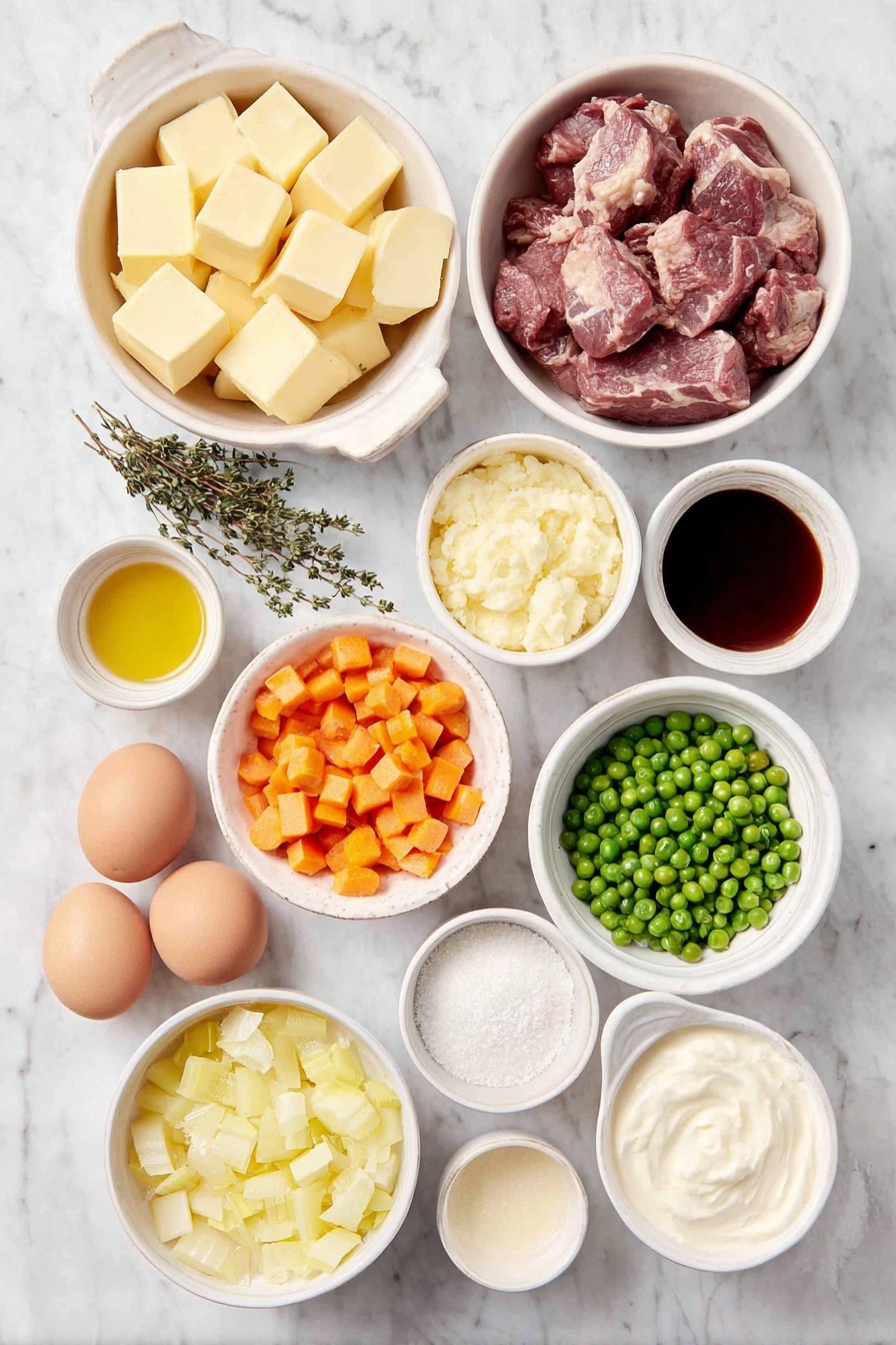 Flat lay of peeled russet potatoes cut into chunks, a few whole brown eggs with clean shells, a small white bowl of cubed unsalted butter, a small white bowl of bright orange diced carrots, a small white bowl of diced yellow onion, a small white bowl of diced celery ribs, two cloves of fresh garlic, a small white bowl of tomato paste, a small white bowl of dry red wine, two fresh thyme sprigs, one fresh bay leaf, a small white bowl of golden vegetable oil, a small white bowl of low-sodium chicken stock, a small white bowl of Worcestershire sauce, a small white bowl of fine all-purpose flour, a small white bowl of bright green frozen peas, a small white bowl of heavy cream, and a small white bowl of grated Parmigiano-Reggiano cheese all arranged with perfect symmetry, placed on a clean white marble surface, soft natural light, photo taken with an iPhone, professional food photography style, fresh ingredients, white ceramic bowls, no bottles, no duplicates, no utensils, no packaging --ar 2:3 --v 7 --p awthu7i m7354615311229779997 - Classic Shepherd's Pie with Beef and Lamb, hearty shepherd's pie recipe, homemade shepherd's pie, comforting beef and lamb pie, easy shepherd's pie dinner