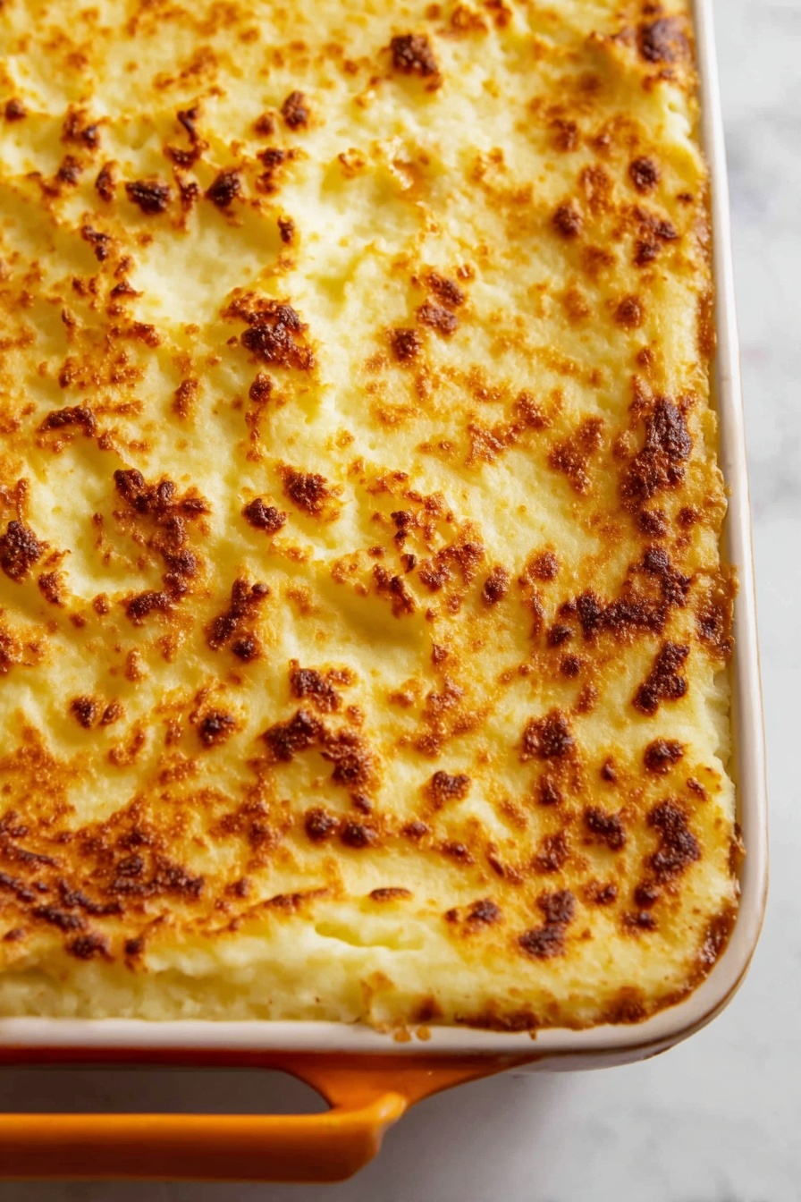 A close-up view of a baked dish in a white casserole with an orange handle, showing a top layer of golden brown mashed potatoes with a crispy and slightly browned texture, covering the entire surface evenly. The mashed potato layer has a rough, bubbled appearance with spots of deeper browning scattered across the smooth, creamy surface, suggesting it was baked to a crunchy finish. The casserole sits on a white marbled surface. photo taken with an iphone --ar 2:3 --v 7 - Classic Shepherd's Pie with Beef and Lamb, hearty shepherd's pie recipe, homemade shepherd's pie, comforting beef and lamb pie, easy shepherd's pie dinner