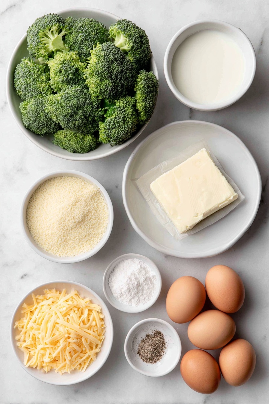 Flat lay of fresh broccoli florets and sliced broccoli stems arranged neatly, a small mound of golden toasted panko breadcrumbs in a simple white ceramic bowl, a few tablespoons of smooth unsalted butter softened in another white bowl, a small white bowl filled with whole milk, a pile of bright orange shredded sharp cheddar cheese on a white plate, a few whole brown eggs with clean shells scattered beside a small white bowl of all-purpose flour, and a small white bowl containing coarse kosher or sea salt and freshly ground black pepper, all placed on a clean white marble surface, soft natural light, photo taken with an iPhone, professional food photography style, fresh ingredients, white ceramic bowls, no bottles, no duplicates, no utensils, no packaging --ar 2:3 --v 7 --p awthu7i m7354615311229779997 - Broccoli Cheese Casserole, cheesy broccoli bake, easy broccoli casserole, healthy broccoli side dish, comforting cheesy casserole