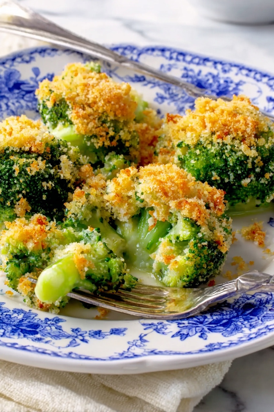 A white plate with blue flower patterns holds four pieces of broccoli topped with golden brown crumbly crumbs. The broccoli is bright green with stems showing under the crisp crumbs. One piece is partly pulled away on a silver fork, showing the soft light green inside and the crunchy topping. The plate sits on a white marbled textured surface with a white napkin beside it. Photo taken with an iphone --ar 2:3 --v 7 - Broccoli Cheese Casserole, cheesy broccoli bake, easy broccoli casserole, healthy broccoli side dish, comforting cheesy casserole
