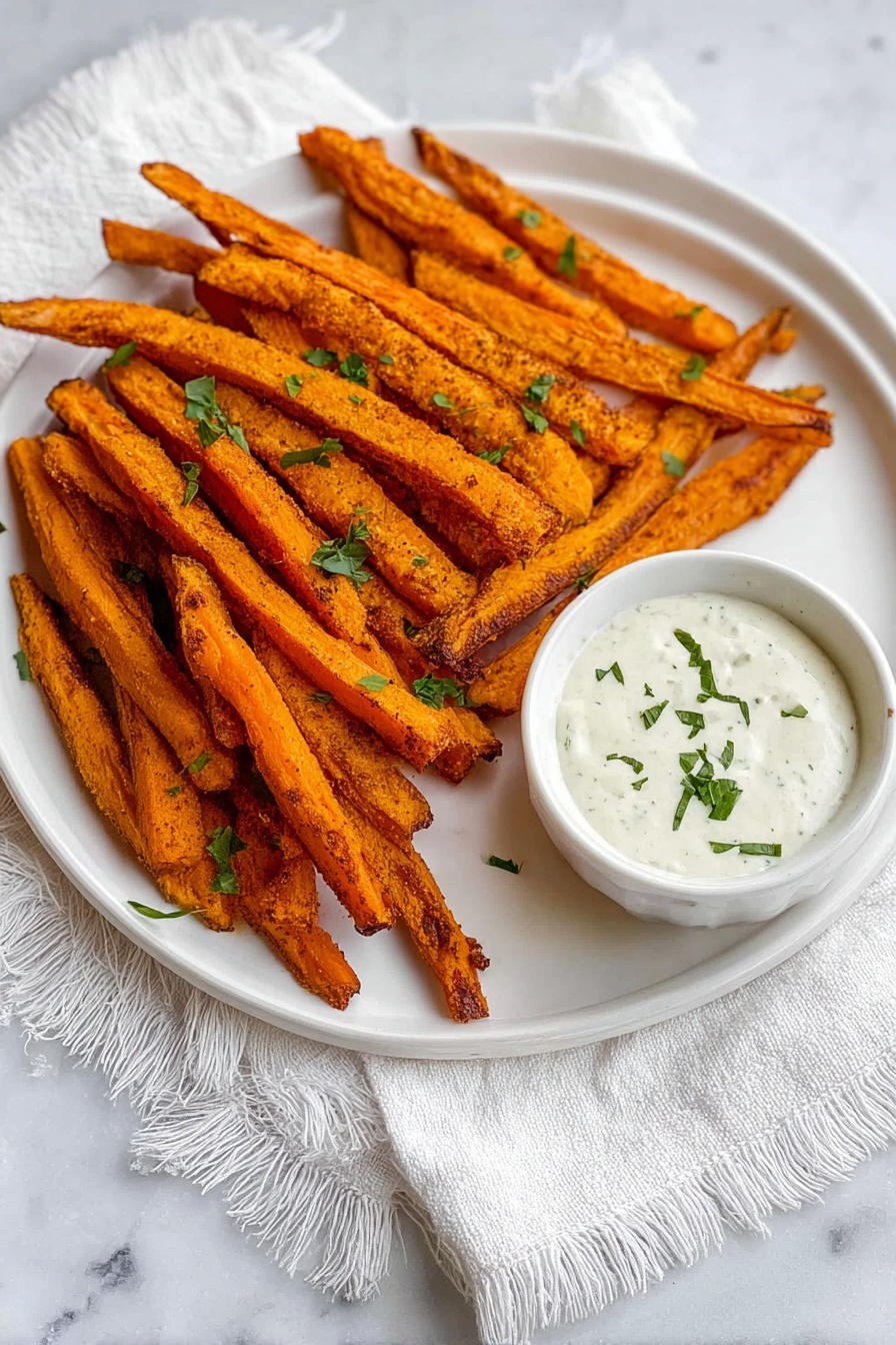 The image shows a white round plate filled with two layers of crispy orange sweet potato fries, stacked in a slightly scattered but neat arrangement, with some fresh green herb leaves sprinkled on top. On one side of the plate, there is a white bowl with creamy white dipping sauce, garnished with a few small green herbs. The plate sits on a white cloth with fringed edges, all placed on a white marbled surface. photo taken with an iphone --ar 2:3 --v 7 - Baked Butternut Squash Fries, healthy baked veggie fries, crispy butternut squash snack, easy fall vegetable recipes, low-oil oven fries