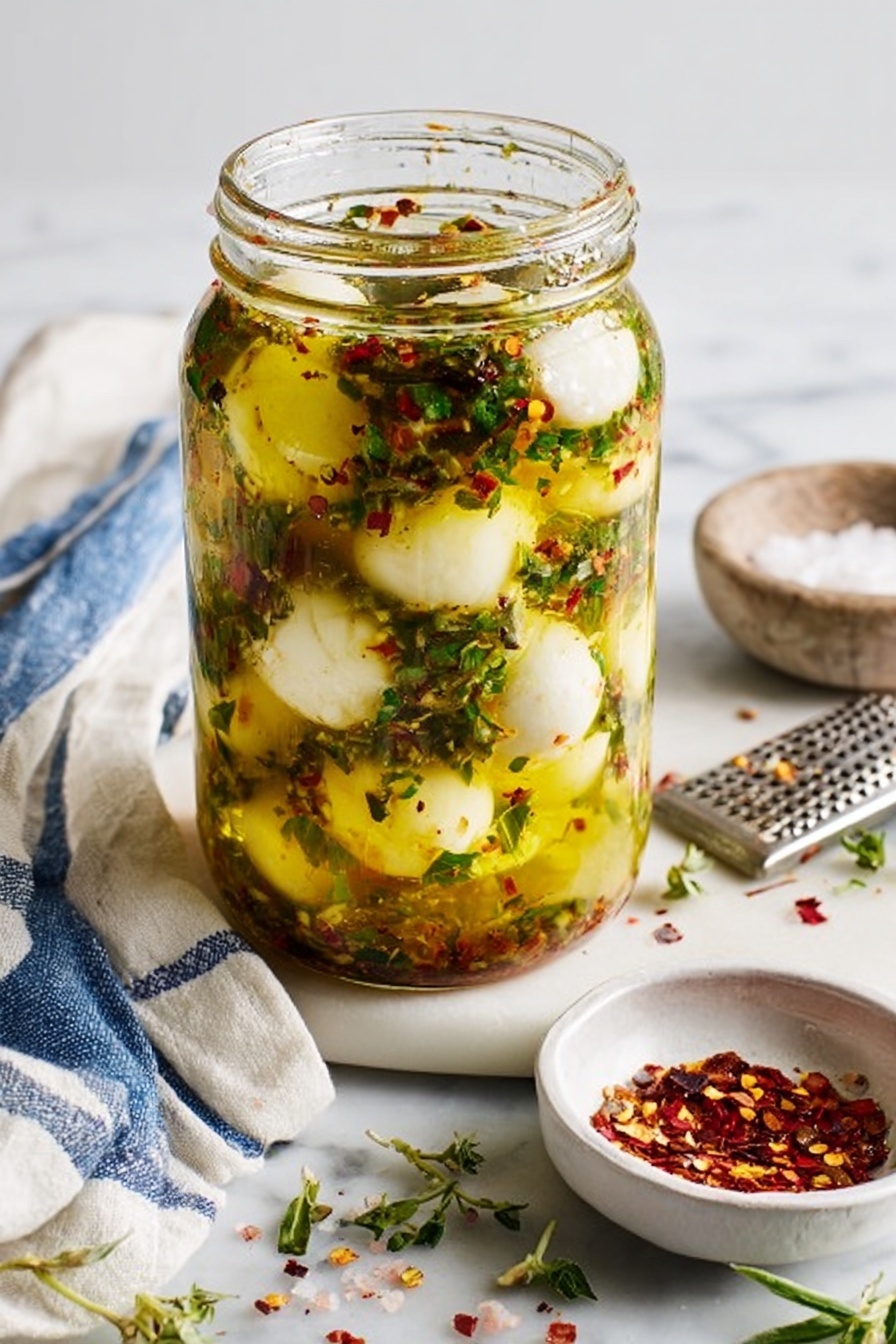 A clear glass jar filled with small white balls, likely cheese, soaked in a yellowish olive oil mixed with finely chopped green herbs and red chili flakes. The jar shows layers of the cheese balls immersed evenly in the oil and herbs, with some herbs and chili pieces floating near the top. The jar is placed on a white marbled surface, accompanied by a white cloth with blue stripes, a small white bowl of coarse salt, a white bowl with red chili flakes, a silver fork, a small metal grater, and some green herb sprigs scattered around. Photo taken with an iphone --ar 2:3 --v 7 - Marinated Mozzarella Balls, easy appetizer with mozzarella, homemade cheese snack, herby mozzarella marination, quick cheese appetizer