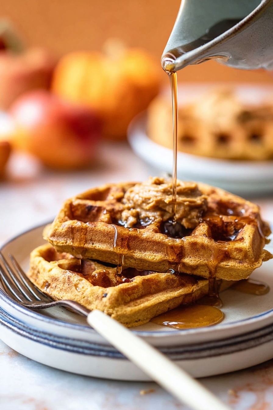 A white plate holds a round golden waffle cut into three large pieces. On top of the waffle, there is a thick layer of brown nut butter with small chunks of nuts spread evenly in the center. The waffle's deep square pockets hold a dark syrup, filling some squares with a shiny texture. A gold fork is stuck into a small bite-sized piece of the waffle near the right edge of the plate. The plate is placed on a white marbled surface, with a blue cloth near the bottom left corner and a red apple and orange pumpkin softly blurred in the background. Photo taken with an iphone --ar 2:3 --v 7 - Pumpkin Waffles, Pumpkin Waffles Recipe, Fall Breakfast Ideas, Easy Waffle Recipes, Cozy Pumpkin Breakfasts