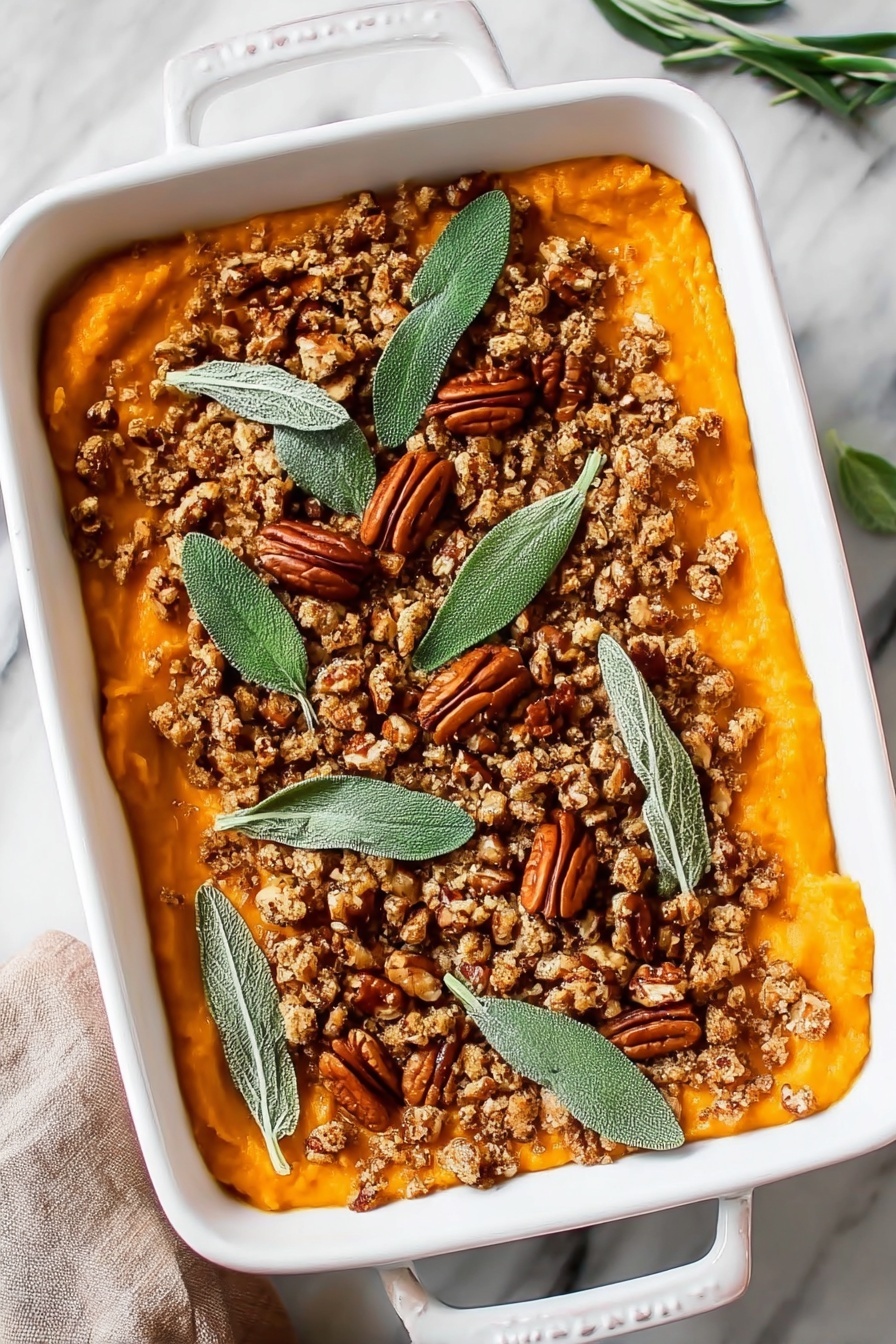 A white rectangular dish holds a layered pumpkin-colored puree spread evenly at the bottom. On top of this smooth orange layer is a textured crumb layer made of crushed walnuts and pecans, giving a crunchy appearance. Scattered on the crumb layer are whole pecans, which are darker brown and ridged. Fresh green sage leaves are arranged decoratively over the nuts, adding a bright contrast. The dish sits on a white marbled surface, and part of a woman's hand is seen at the bottom left corner, holding the dish. Photo taken with an iphone --ar 2:3 --v 7 - Sweet Potato Casserole with Pecan Crumble, sweet potato casserole recipe, pecan crumble topping, Thanksgiving sweet potato dish, comforting holiday casserole