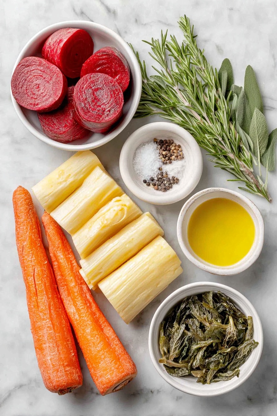 Flat lay of peeled red beet cut into 1-inch chunks, golden beet cut into 1-inch chunks, a large carrot sliced into 1-inch roll cuts, three parsnips chopped into 1-inch chunks, one medium sweet potato chopped into 1-inch chunks, one turnip chopped into 1-inch chunks, a few fresh rosemary sprigs, several fresh sage leaves, a small handful of fresh thyme leaves, a few pinches of sea salt crystals, freshly ground black peppercorns, a small white ceramic bowl with extra-virgin olive oil, a small white ceramic bowl with crispy fried sage leaves all arranged symmetrically and balanced on a clean white marble surface, soft natural light, photo taken with an iPhone, professional food photography style, fresh ingredients, white ceramic bowls, no bottles, no duplicates, no utensils, no packaging --ar 2:3 --v 7 --p awthu7i m7354615311229779997 - Roasted Root Vegetables with Crispy Sage, roasted root vegetable side dish, crispy sage vegetable recipe, healthy roasted root vegetables, flavorful herbal vegetable dish