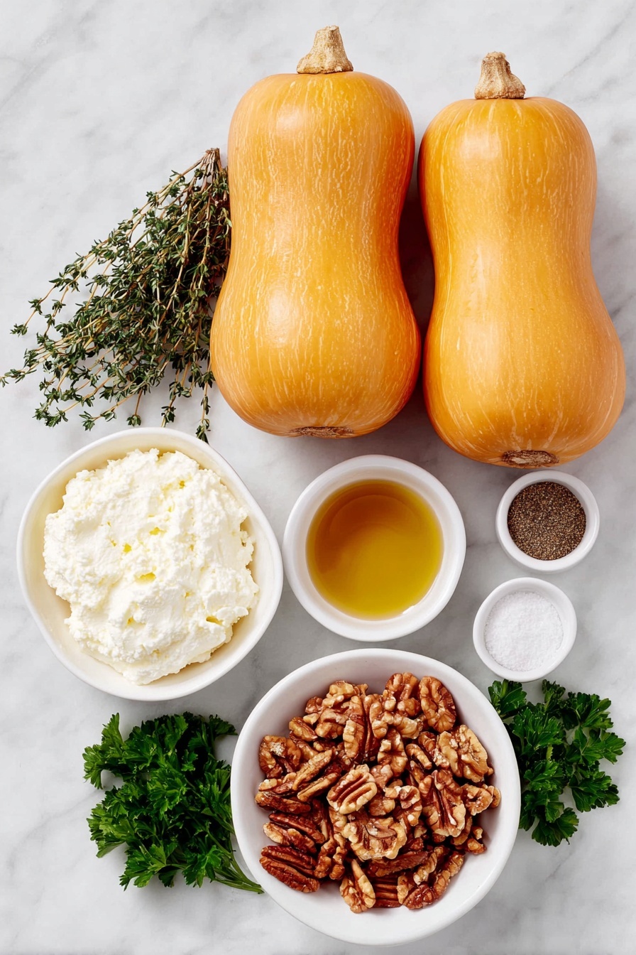 Flat lay of three whole uncut honeynut squash with smooth orange skin and greenish stems, a small white bowl filled with golden extra-virgin olive oil, a small white bowl holding amber-colored apple cider vinegar, a small white bowl containing rich amber maple syrup, a small white bowl of coarse sea salt crystals, a small white bowl with ground cinnamon powder, a small white bowl of freshly ground black pepper, fresh thyme sprigs with small green leaves neatly arranged, a small white bowl of creamy whipped ricotta cheese, a small white bowl with chopped toasted walnuts showing golden brown pieces, and a few sprigs of fresh flat-leaf parsley with vibrant green leaves, all symmetrically arranged on a clean white marble surface, soft natural light, photo taken with an iPhone, professional food photography style, fresh ingredients, white ceramic bowls, no bottles, no duplicates, no utensils, no packaging --ar 2:3 --v 7 --p awthu7i m7354615311229779997 - Honey Nut Squash Roast with Ricotta and Walnuts, Honey Nut Squash Roast, Roasted Squash with Ricotta and Walnuts, Easy Fall Vegetable Roast, Cozy Autumn Dinner Ideas