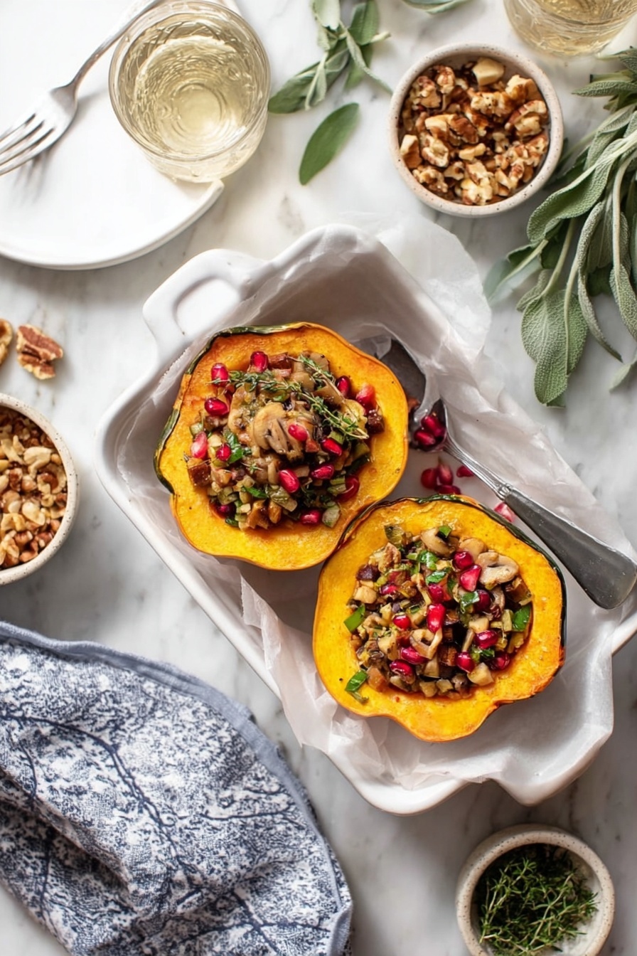 Two halves of a small pumpkin sit in a white rectangular dish lined with white parchment paper; the pumpkin flesh is bright orange with a slightly rough texture, and each half is filled with a mixture of small chunks of mushrooms, nuts, herbs, and red pomegranate seeds, adding a mix of earthy browns, green, and bright red on top. Around the dish, there is a white marbled surface with a loose blue and white cloth, a white plate with a fork, a bowl of chopped nuts and dried fruit, some fresh sage leaves, a small dish of green herbs, and a glass of clear liquid. The scene is lit softly with natural light, creating a fresh and inviting look. photo taken with an iphone --ar 2:3 --v 7 - Stuffed Acorn Squash with Tempeh and Cranberries, healthy stuffed acorn squash, vegetarian fall recipes, vegan acorn squash dishes, cozy autumn dinner ideas