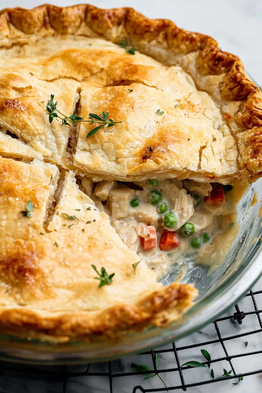 A close-up of a slice of chicken and vegetable pie on a white plate, showing three layers: the top layer is a golden brown crust with a slightly crimped edge and a small sprig of herb on top, the middle layer is a creamy filling with tender chunks of white chicken, bright orange carrots, and green peas, and the bottom layer is another golden brown crust holding the filling. The slice is placed on two stacked white plates, with a whole pie blurred in the background on a white marbled surface. photo taken with an iphone --ar 2:3 --v 7 - Homestyle Chicken Pot Pie, chicken pot pie recipe, homemade chicken pot pie, comforting chicken pot pie, flaky pie crust chicken pie